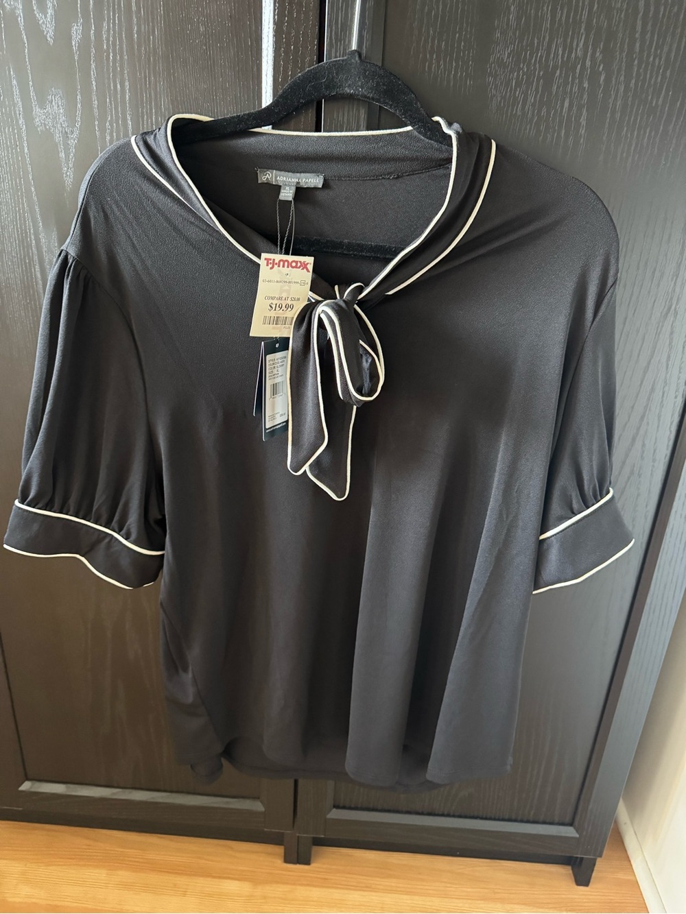 Adrianna Papell Black Blouse with white Trim and Tie Neck